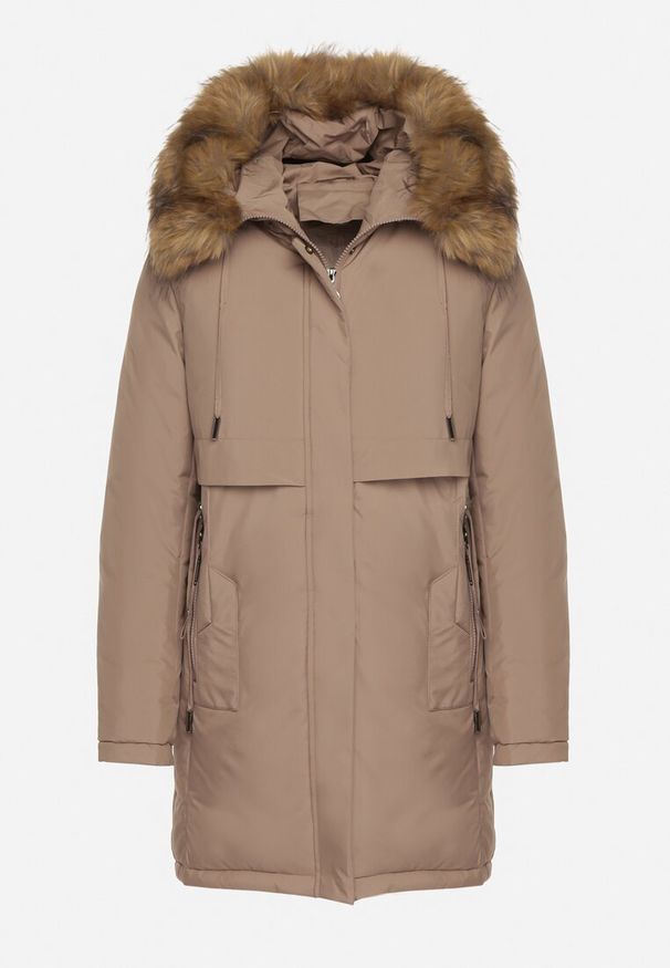Born2be - Ciemnobeżowa Casualowa Kurtka Parka z Kapturem z Futerkiem Nallorea. Okazja: na co dzień. Typ kołnierza: kaptur. Kolor: beżowy. Materiał: futro. Styl: casual