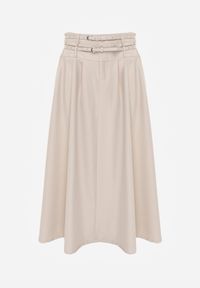 Renee - Jasnobeżowa Rozkloszowana Spódnica w Stylu Preppy z Kieszeniami i Podwójnym Paskiem Doripla. Okazja: na co dzień. Kolekcja: plus size. Kolor: beżowy. Długość: krótkie. Wzór: paski. Styl: elegancki, casual #6