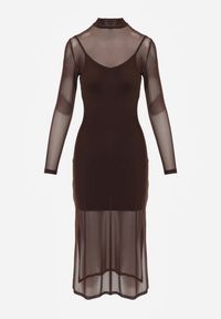 Renee - Brązowa Prześwitująca Sukienka Dzianinowa Midi z Halką Bavina. Kolor: brązowy. Materiał: dzianina. Długość rękawa: na ramiączkach. Typ sukienki: dopasowane. Styl: elegancki. Długość: midi #4