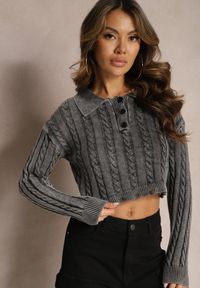 Renee - Szary Sweter o Fasonie Cropped z Warkoczykowym Splotem i Kołnierzem Zorilda. Kolor: szary. Wzór: ze splotem