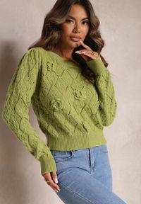 Renee - Zielony Sweter o Klasycznym Fasonie Ozdobiony Kwiatami 3D z Tkaniny Loraxis. Kolor: zielony. Materiał: tkanina. Wzór: aplikacja, kwiaty. Styl: klasyczny #1