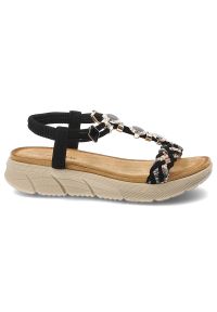 Sandały damskie Artiker, cholewka z materiału odkryty przód miękka wkładka, czarne, 58C0004. Zapięcie: pasek. Kolor: czarny. Materiał: materiał. Wzór: aplikacja. Sezon: lato. Styl: elegancki #4