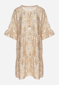 Born2be - Beżowa Sukienka z Lnem o Rozkloszowanym Kroju z Falbanami i Metalicznym Nafrukiem Rinanis. Okazja: na co dzień. Typ kołnierza: dekolt w serek. Kolor: beżowy. Materiał: len. Wzór: aplikacja. Styl: klasyczny, casual, elegancki #3
