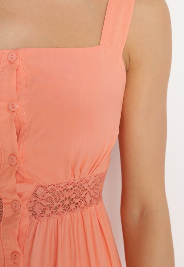 Born2be - Pomarańczowa Sukienka Fahiza. Typ kołnierza: dekolt kwadratowy. Kolor: różowy. Materiał: wiskoza, tkanina. Długość rękawa: na ramiączkach. Wzór: gładki, ażurowy. Sezon: lato. Styl: boho