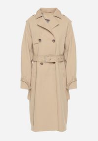 Born2be - Ciemnobeżowy Płaszcz Dwurzędowy Trencz Ozdobiony Paskiem i Pagonami Malwissa. Okazja: na co dzień. Kolor: beżowy. Materiał: jeans. Wzór: aplikacja. Sezon: wiosna, jesień. Styl: casual, elegancki #2