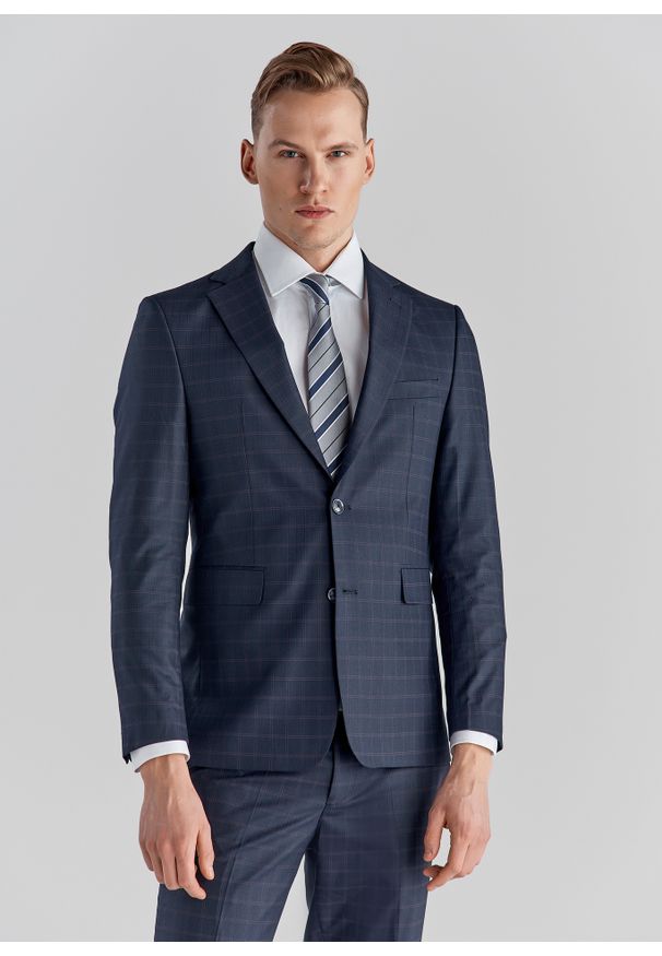 Pako Lorente - Granatowa marynarka garniturowa P22WF-3G-041-G-S. Kolor: niebieski. Materiał: tkanina. Wzór: kratka