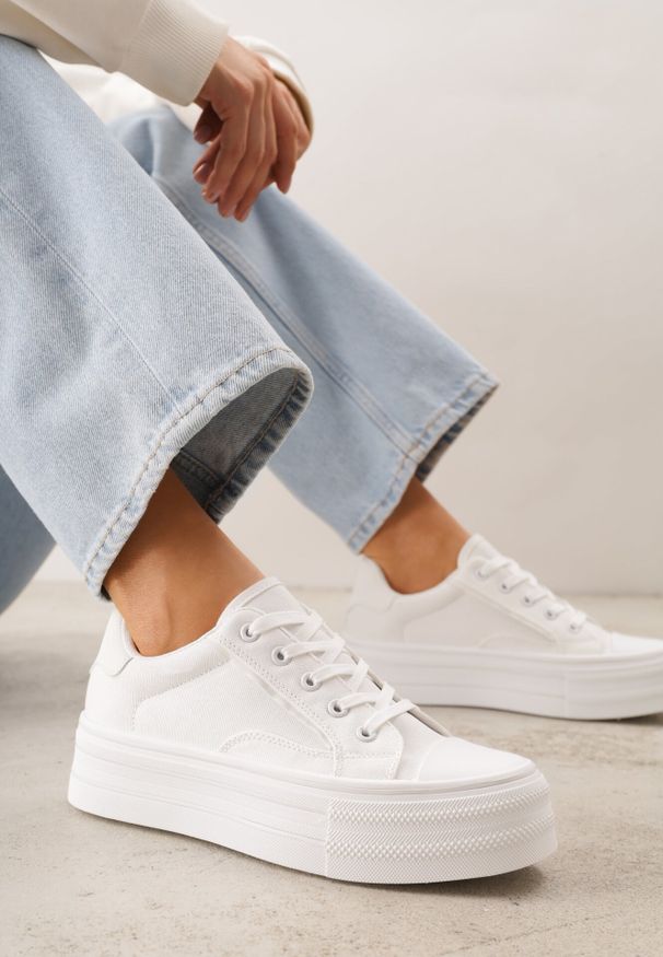 Born2be - Białe Klasyczne Trampki na Grubej Podeszwie Araenes. Kolor: biały. Materiał: jeans. Szerokość cholewki: normalna. Wzór: gładki. Styl: klasyczny