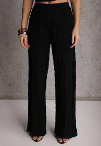 Renee - Czarny Komplet Spodnie Wide Leg i Top ze Stójką i Drapowaniem w Talii Meridone. Kolor: czarny. Materiał: materiał #2