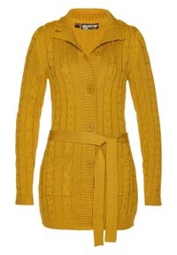 Długi sweter rozpinany bonprix żółty musztardowy. Kolor: brązowy. Długość: długie #1