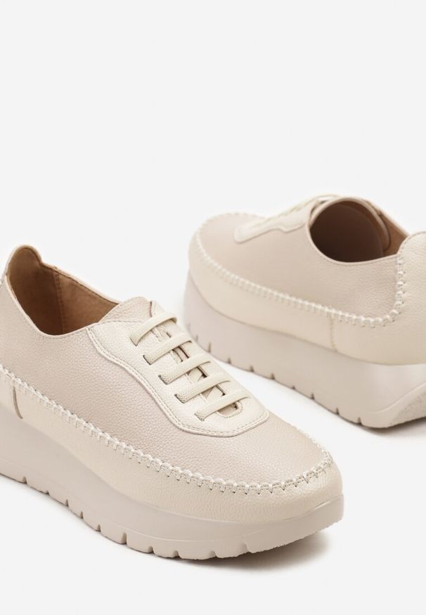 Born2be - Beżowe Półbuty Sneakersy Potocki na Grubej Podeszwie z Elastycznymi Sznurówkami Tulemarie. Okazja: na co dzień. Zapięcie: sznurówki. Kolor: beżowy. Materiał: jeans. Styl: casual, elegancki