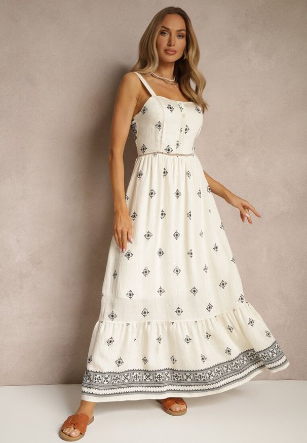 Renee - Czarna Sukienka z Wiskozą o Rozkloszowanym Kroju na Ramiączkach w Boho Print Leaella. Okazja: na co dzień. Typ kołnierza: dekolt kwadratowy. Kolor: czarny. Materiał: wiskoza. Długość rękawa: na ramiączkach. Wzór: nadruk. Typ sukienki: rozkloszowane. Styl: boho