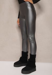 Renee - Ciemnoszare Legginsy z Imitacji Skóry High Waist Ozdobione Wsuwanymi Kieszeniami Valerievia. Stan: podwyższony. Kolor: szary. Materiał: skóra. Wzór: aplikacja. Sezon: zima #5