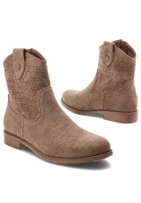 Brązowe Botki S.Barski Eleganckie Obuwie Damskie. Okazja: na co dzień. Kolor: brązowy. Materiał: jeans, materiał. Wzór: ażurowy, aplikacja. Obcas: na obcasie. Styl: elegancki. Wysokość obcasa: niski #7