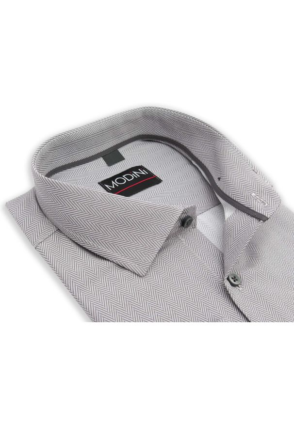 Modini - Szara koszula męska w jodełkę Y30. Kolor: szary. Materiał: bawełna, poliester, tkanina. Wzór: jodełka