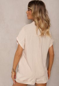 Renee - Beżowa Koszula w Paski z Krótkim Rękawem Vimorina. Okazja: na co dzień, na spotkanie biznesowe. Kolor: beżowy. Materiał: jeans, tkanina. Długość rękawa: krótki rękaw. Długość: krótkie. Wzór: paski. Styl: biznesowy, klasyczny, elegancki, casual
