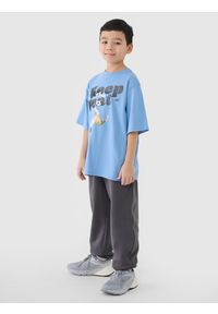 4f - 4F T-shirt oversize z nadrukiem chłopięcy - niebieski 128 (7-8 lat). Okazja: na co dzień. Kolor: niebieski. Materiał: dzianina, bawełna, jersey. Długość rękawa: krótki rękaw. Długość: krótkie. Wzór: nadruk. Sezon: lato. Styl: klasyczny, sportowy, casual