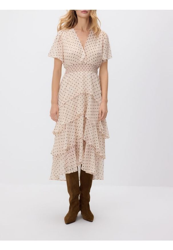 Reserved - Sukienka w groszki - złamana biel. Materiał: tkanina. Wzór: grochy. Styl: klasyczny