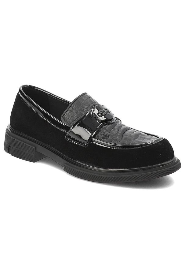 Czarne Mokasyny Filippo Modne Obuwie Damskie. Okazja: na co dzień. Kolor: czarny. Materiał: zamsz, skóra. Obcas: na obcasie. Styl: casual, klasyczny, elegancki. Wysokość obcasa: średni
