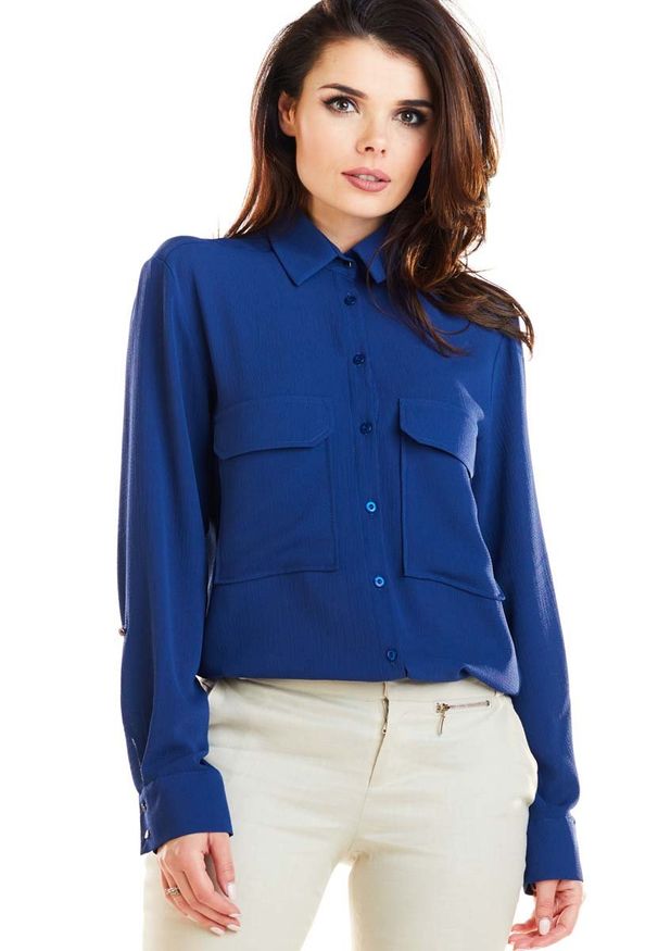 Awama - Granatowa Koszula z Kieszeniami Typu Kargo. Kolor: niebieski. Materiał: poliester