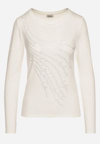 Born2be - Biała Bluzka z Bawełny Ozdobiona Cyrkoniowym Napisem Velutila. Okazja: na co dzień. Kolor: biały. Materiał: bawełna. Wzór: napisy, aplikacja. Styl: casual, elegancki #2