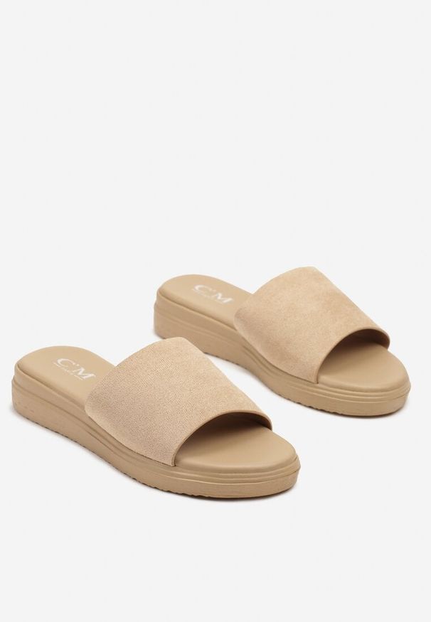 Renee - Ciemnobeżowe Płaskie Klapki w Stylu Basic Delarnis. Okazja: na co dzień, na spacer. Kolor: beżowy. Sezon: lato. Styl: elegancki, casual