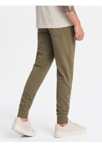Ombre Clothing - Męskie bawełniane spodnie dresowe joggery BASIC – oliwkowe V2. Okazja: na co dzień. Kolor: oliwkowy. Materiał: dresówka, bawełna. Wzór: aplikacja. Styl: sportowy, casual, elegancki #4