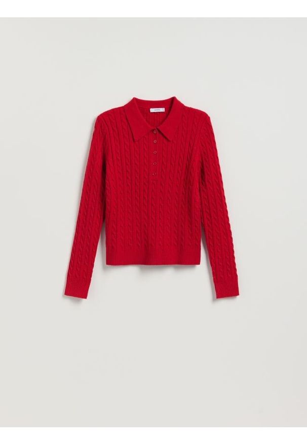 Reserved - Sweter z ozdobnym splotem - czerwony. Kolor: czerwony. Materiał: wiskoza, dzianina. Wzór: ze splotem
