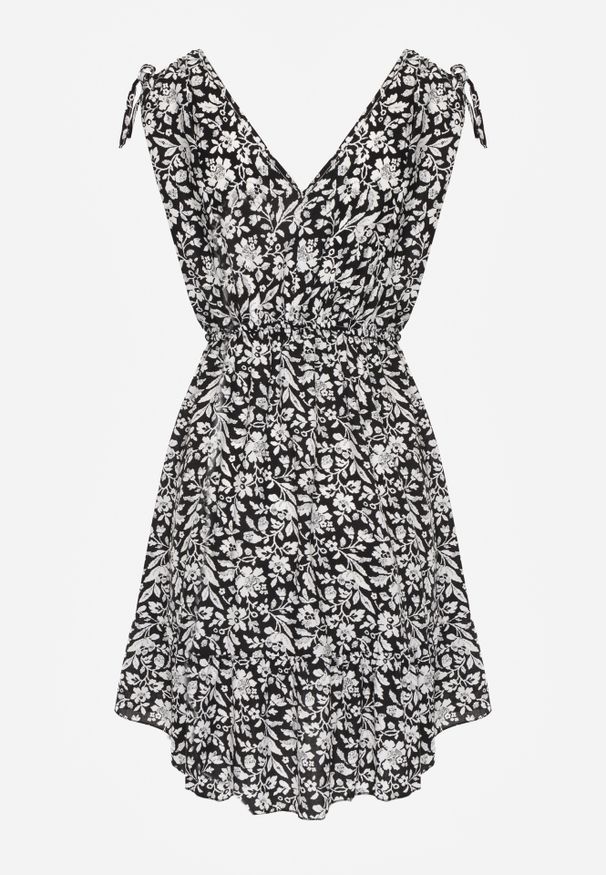 Renee - Czarno-Biała Sukienka Bawełniana na Grubych Ramiączkach z Gumką w Pasie Zapinana na Guziki Tessri. Okazja: na co dzień, na randkę. Kolor: czarny. Materiał: bawełna. Długość rękawa: na ramiączkach. Wzór: kwiaty. Sezon: lato. Typ sukienki: proste. Styl: wakacyjny, casual, elegancki