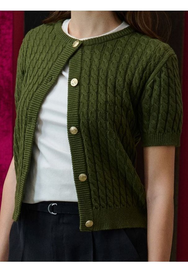 Sinsay - Kardigan z krótkim rękawem i ozdobnymi guzikami - zielony. Kolor: zielony. Długość rękawa: krótki rękaw. Długość: krótkie