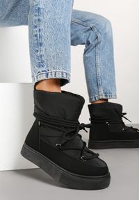Born2be - Czarne Śniegowce na Grubej Podeszwie Ozdobione Wiązaniem Izalenna. Nosek buta: okrągły. Kolor: czarny. Materiał: nubuk, syntetyk, materiał, futro. Wzór: aplikacja. Sezon: zima. Obcas: na obcasie. Wysokość obcasa: niski #4