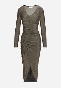 Born2be - Złota Dopasowana Sukienka z Wiskozą Marszczeniem w Pasie i Metaliczną Nitką Temivina. Okazja: na co dzień. Kolor: złoty. Materiał: wiskoza. Typ sukienki: asymetryczne, proste, oversize. Styl: casual, elegancki #2