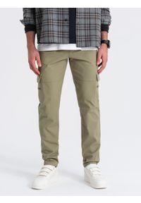 Ombre Clothing - Męskie spodnie cargo STRAIGHT LEG z kieszeniami zapinanymi na zamek – oliwkowe V2 - Rozmiar: XL. Kolor: oliwkowy. Materiał: bawełna, elastan, materiał. Styl: elegancki #9