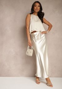 Renee - Jasnobeżowa Spódnica Satynowa High Waist Pillizze. Okazja: na co dzień. Stan: podwyższony. Kolor: beżowy. Materiał: satyna. Styl: elegancki, casual #3