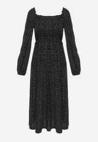 Born2be - Czarna Sukienka Midi Rozkloszowana z Hiszpańskim Dekoltem w Kropki Wirina. Kolor: czarny. Wzór: kropki. Typ sukienki: rozkloszowane. Długość: midi