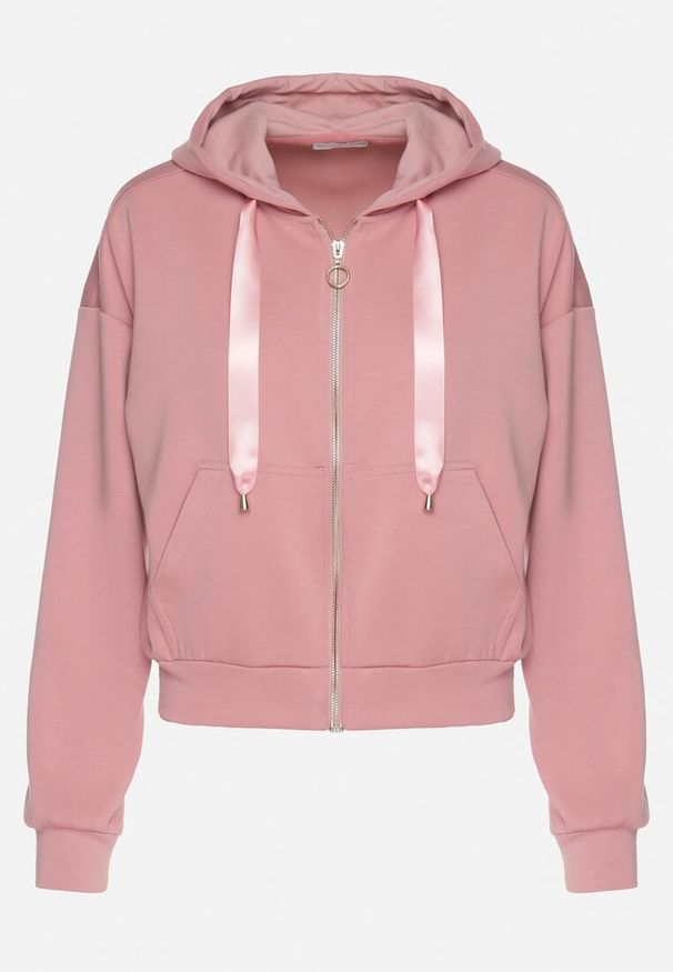 Born2be - Różowa Rozpinana Bluza z Kapturem ze Ściągaczami w Postaci Wstążki Xarivna. Okazja: na co dzień. Typ kołnierza: kaptur. Kolor: różowy. Materiał: jeans. Styl: klasyczny, elegancki, casual