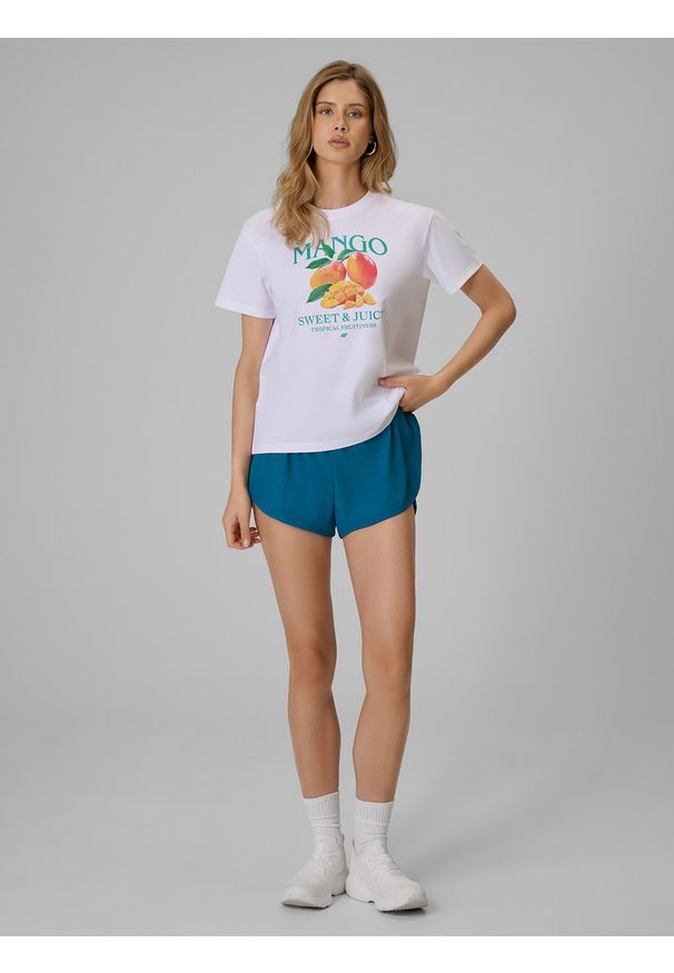 4f - 4F T-shirt loose z nadrukiem damski - biały L. Okazja: na co dzień. Kolor: biały. Materiał: materiał, bawełna, dzianina. Wzór: nadruk. Styl: casual