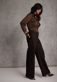 Renee - Brązowe Jeansy High Waist Szerokie z Bawełną Azile. Okazja: na co dzień. Stan: podwyższony. Kolor: brązowy. Styl: casual, klasyczny #2