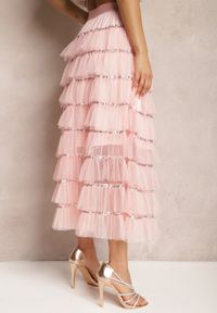 Renee - Różowa Rozkloszowana Spódnica Maxi z Falbankami i Cekinami Noobi. Kolor: różowy. Materiał: materiał. Wzór: aplikacja. Styl: elegancki