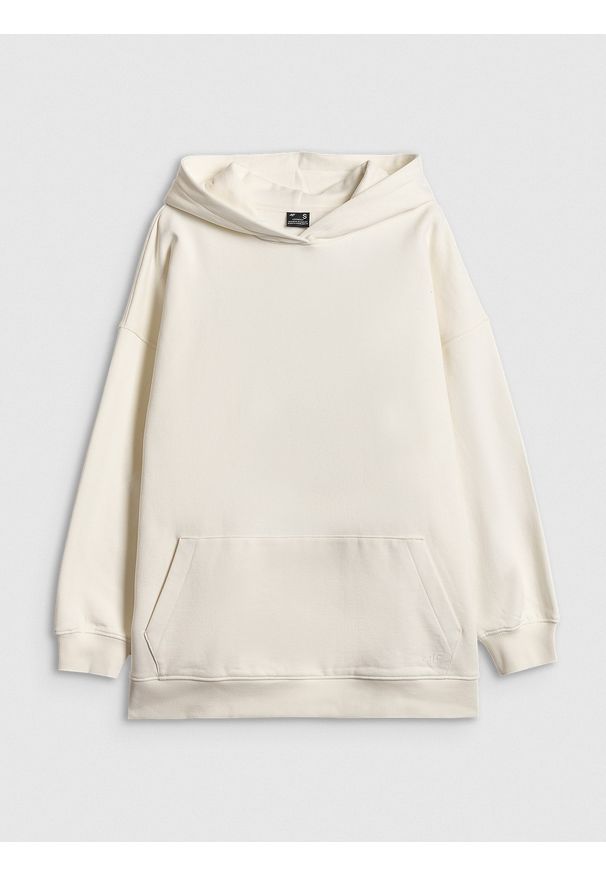 4f - 4F Bluza dresowa loose z kapturem damska - beżowa S. Okazja: na co dzień. Typ kołnierza: kaptur. Kolor: beżowy. Materiał: dresówka. Styl: casual
