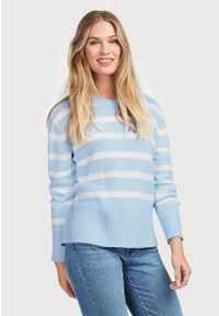 Cellbes - Krótki sweter w paski. Kolor: biały, wielokolorowy, niebieski. Materiał: prążkowany. Długość rękawa: długi rękaw. Długość: krótkie. Wzór: paski