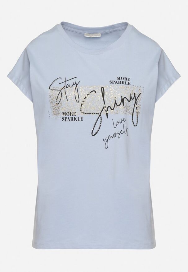 Born2be - Jasnoniebieski T-shirt z Bawełny Typu Nietoperz z Cyrkoniami i Perełkami Linellis. Okazja: na co dzień. Kolor: niebieski. Materiał: bawełna. Wzór: aplikacja. Styl: casual