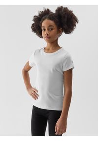 4f - T-shirt gładki dziewczęcy. Kolor: biały. Materiał: bawełna. Wzór: gładki #2