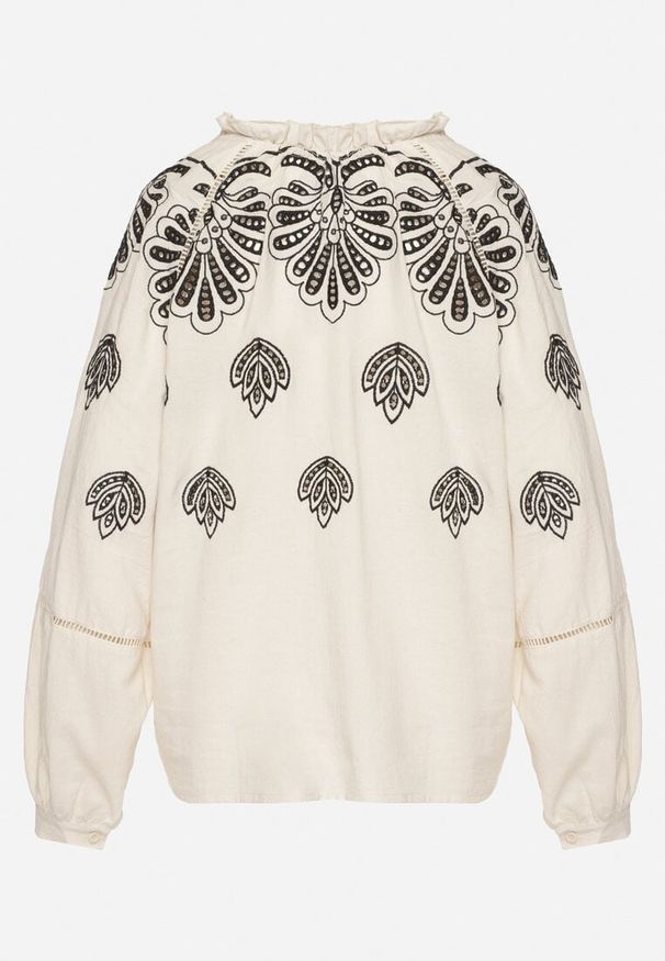 Born2be - Beżowa Bawełniana Bluzka ze Wzorem Boho Nilowena. Okazja: na co dzień. Kolor: beżowy. Materiał: bawełna. Wzór: aplikacja. Styl: boho