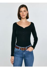 Big-Star - Bluzka damska z prążkowanej dzianiny czarna Nathalie 906. Kolor: czarny. Materiał: prążkowany, dzianina. Długość rękawa: długi rękaw. Długość: długie. Wzór: aplikacja. Styl: elegancki #1