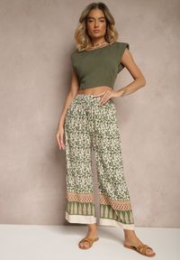 Renee - Zielone Spodnie z Bawełny High Waist z Abstrakcyjnym Wzorem Lisathiela. Okazja: na co dzień. Stan: podwyższony. Kolor: zielony. Materiał: bawełna. Styl: casual