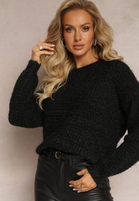 Renee - Czarny Sweter z Miękkiej Dzianiny z Warkoczykowym Splotem Eleana. Kolor: czarny. Materiał: dzianina. Długość rękawa: długi rękaw. Długość: długie. Wzór: ze splotem #4