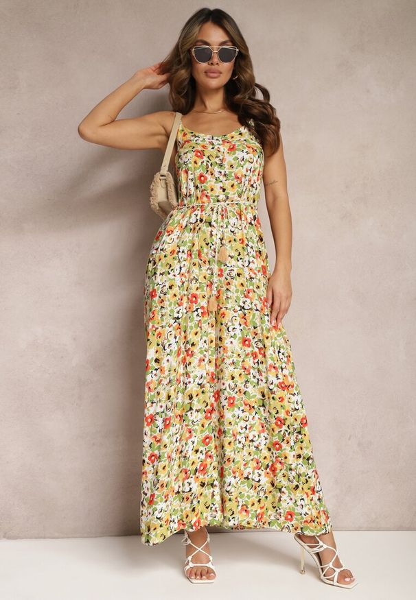 Renee - Zielono-Beżowy Kombinezon z Szerokimi Nogawkami w Kwiaty Wiązany na Ozdobny Sznurek Leliavia. Kolor: zielony. Materiał: wiskoza. Długość rękawa: na ramiączkach. Wzór: kwiaty. Sezon: lato