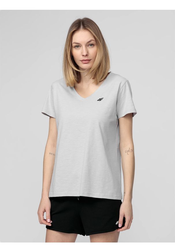4f - T-shirt regular gładki damski. Kolor: szary. Materiał: bawełna. Wzór: gładki
