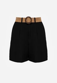 Renee - Czarne Szorty Casual z Wiskozą High Waist Ozdobione Paskiem z Plecionki Kailee. Okazja: na co dzień. Stan: podwyższony. Kolor: czarny. Materiał: wiskoza. Wzór: aplikacja. Styl: casual #6