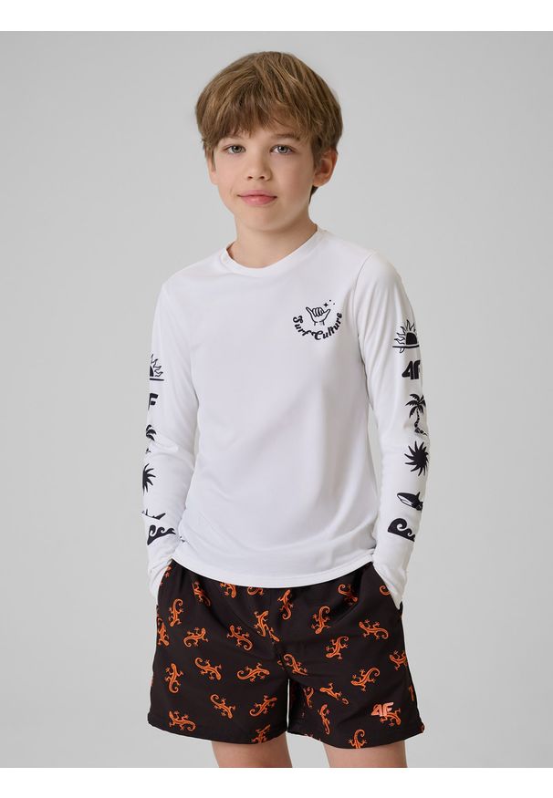 4f - 4F Longsleeve do pływania z nadrukiem chłopięcy - biały 146/152 (10-12 lat). Okazja: na plażę. Kolor: biały. Materiał: materiał, skóra. Długość rękawa: długi rękaw. Wzór: nadruk. Sezon: lato. Styl: klasyczny